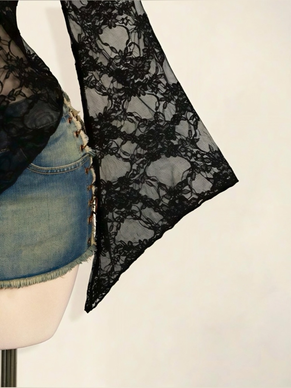 ✨🖤 Black Lace Long Bell Sleeve Tie Front Sheer Top - Picture 3 of 6